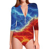 Blue And Red Lightning Print Long Sleeve Swimsuit