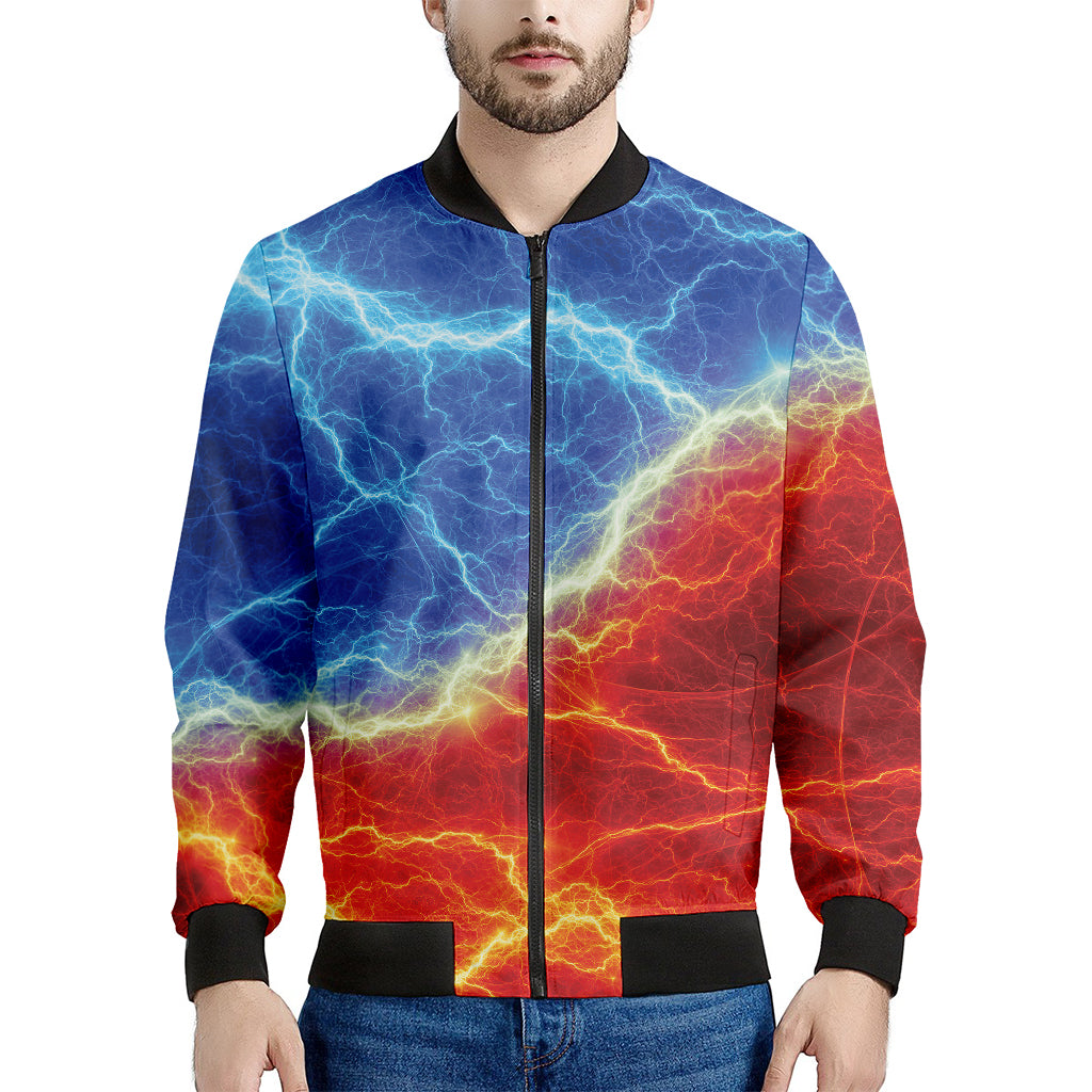 Blue And Red Lightning Print Men's Bomber Jacket