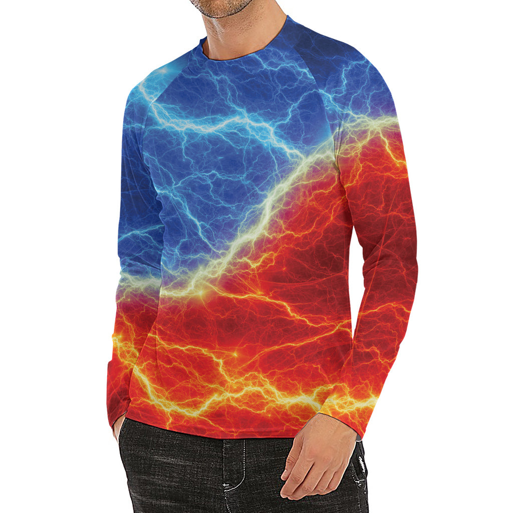 Blue And Red Lightning Print Men's Long Sleeve Rash Guard