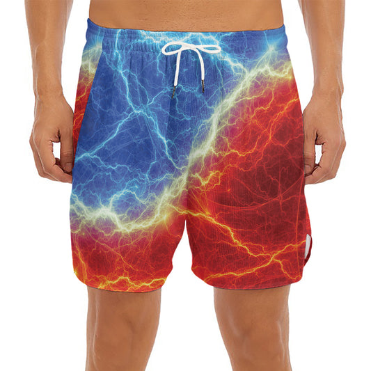 Blue And Red Lightning Print Men's Split Running Shorts