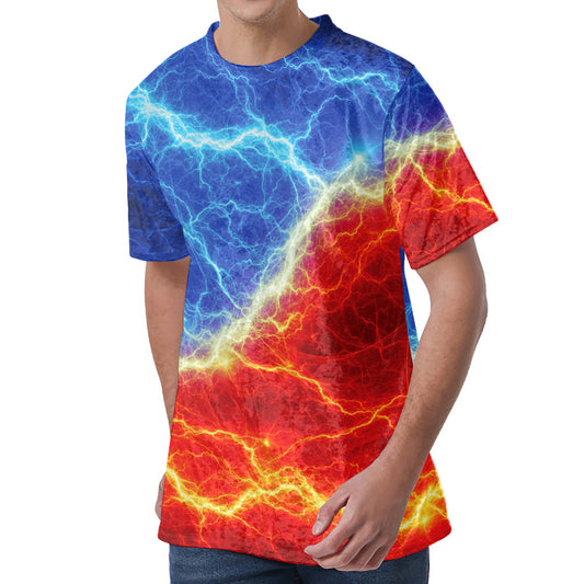 Blue And Red Lightning Print Men's Velvet T-Shirt