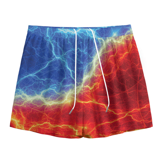 Blue And Red Lightning Print Mesh Shorts
