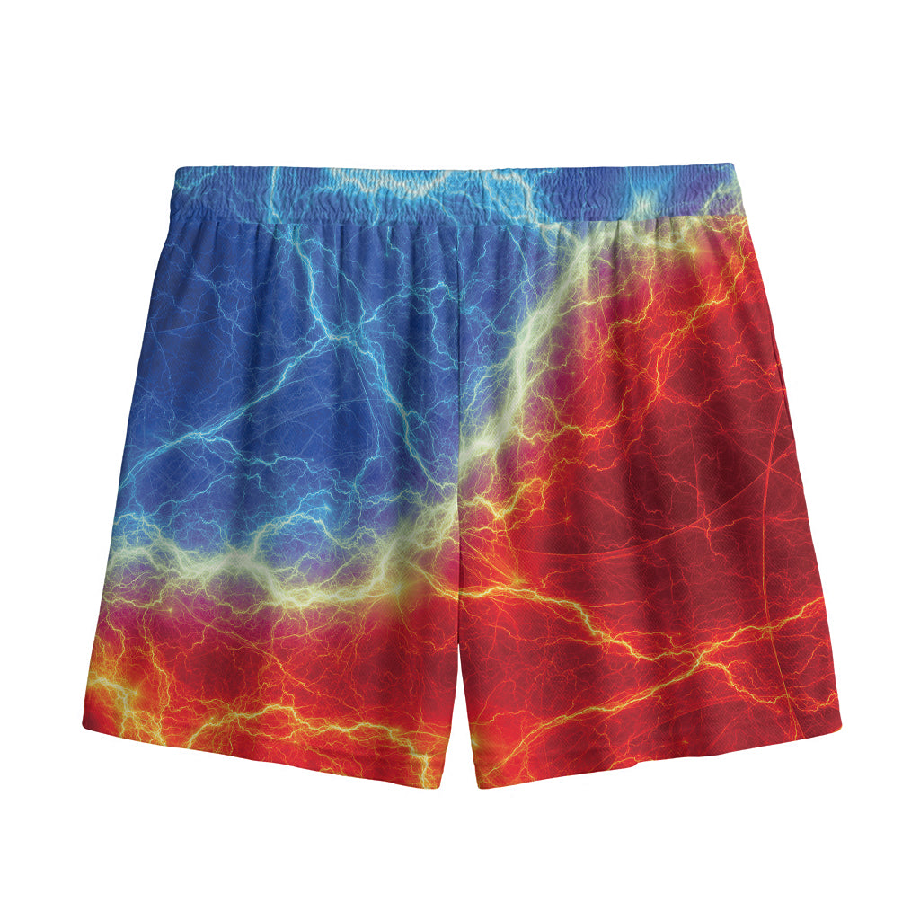 Blue And Red Lightning Print Mesh Shorts