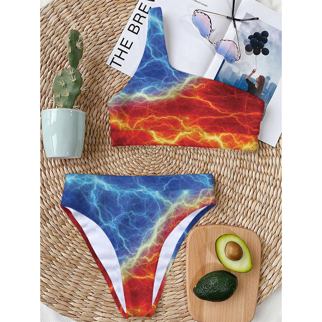 Blue And Red Lightning Print One Shoulder Bikini Top