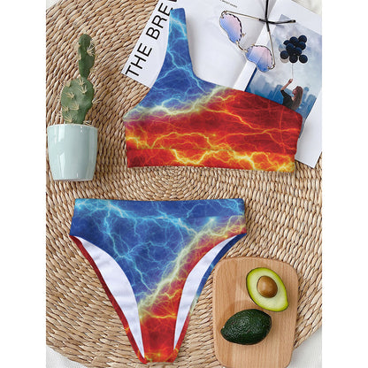 Blue And Red Lightning Print One Shoulder Bikini Top