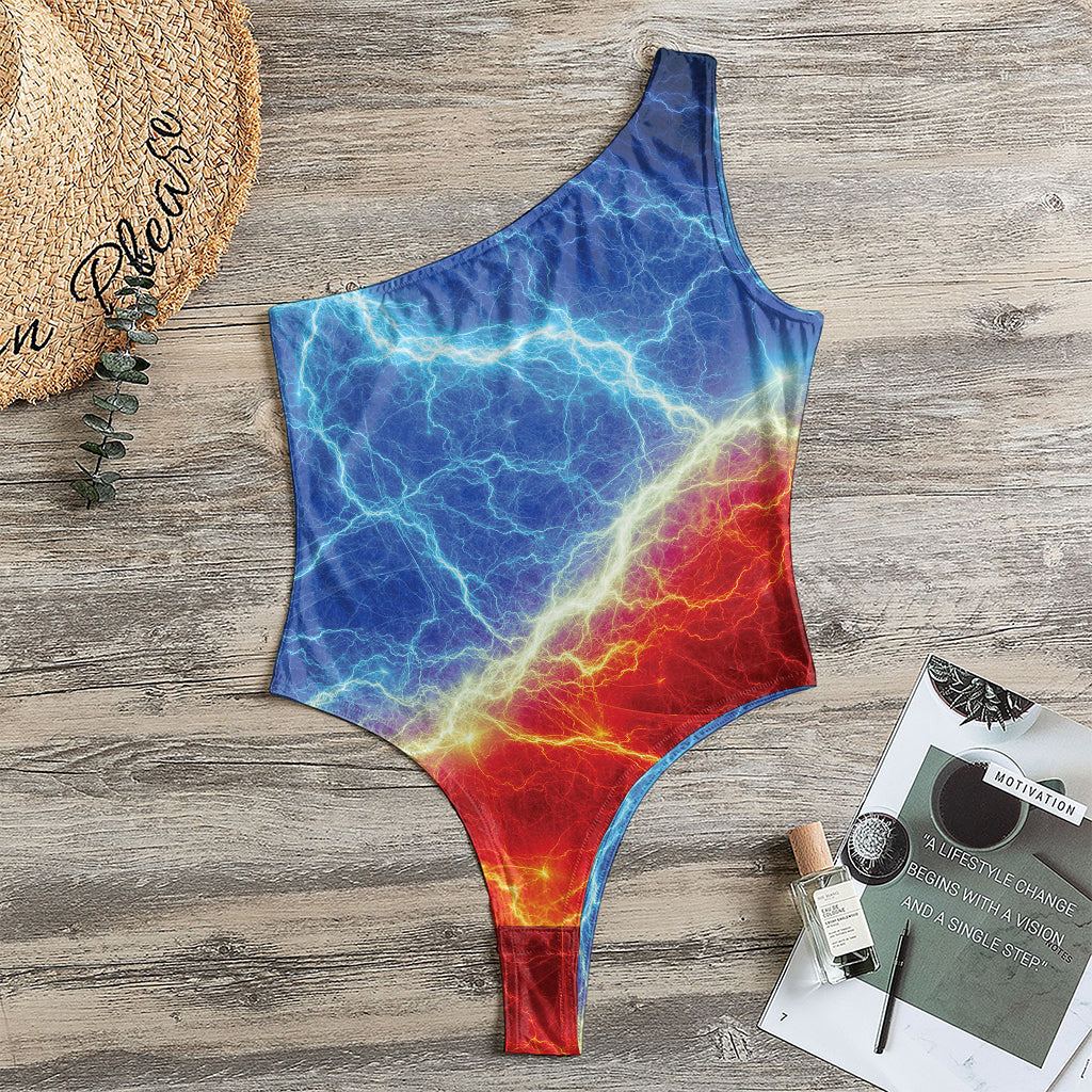 Blue And Red Lightning Print One Shoulder Bodysuit