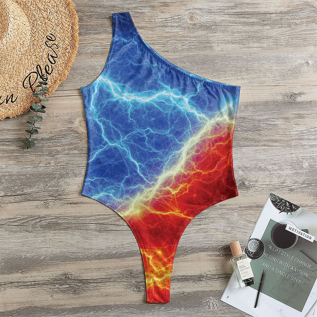 Blue And Red Lightning Print One Shoulder Bodysuit