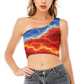 Blue And Red Lightning Print One Shoulder Crop Top