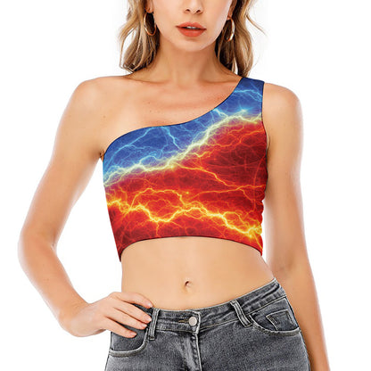 Blue And Red Lightning Print One Shoulder Crop Top