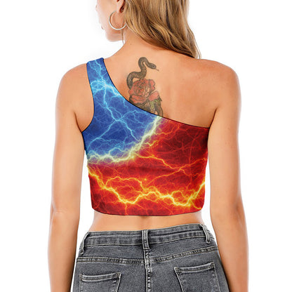 Blue And Red Lightning Print One Shoulder Crop Top