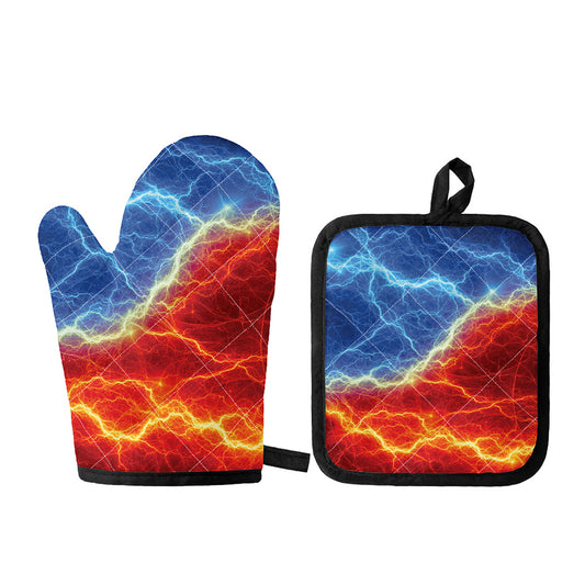 Blue And Red Lightning Print Oven Mitt And Pot Holder Set