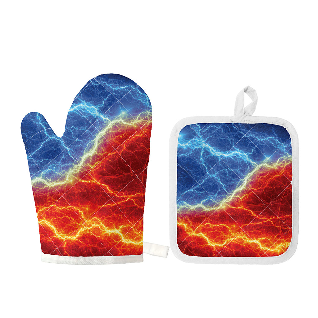 Blue And Red Lightning Print Oven Mitt And Pot Holder Set