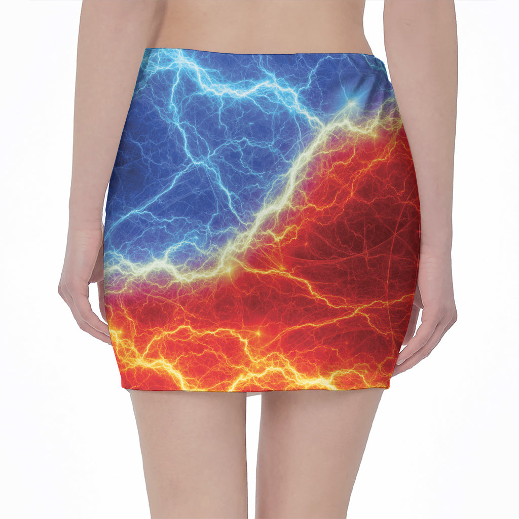 Blue And Red Lightning Print Pencil Mini Skirt