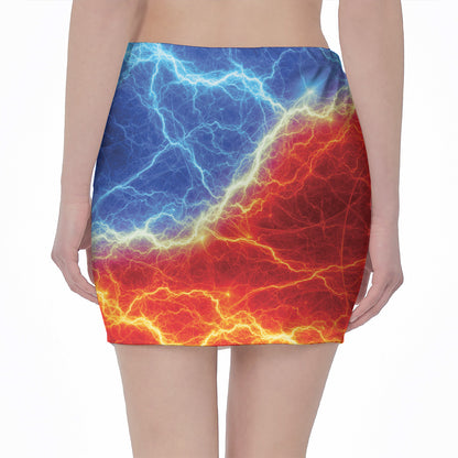 Blue And Red Lightning Print Pencil Mini Skirt