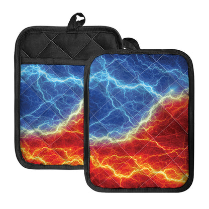 Blue And Red Lightning Print Pot Holders With Pocket