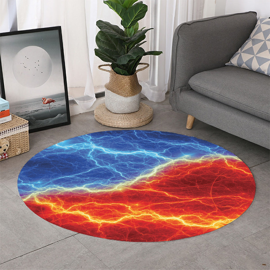 Blue And Red Lightning Print Round Rug