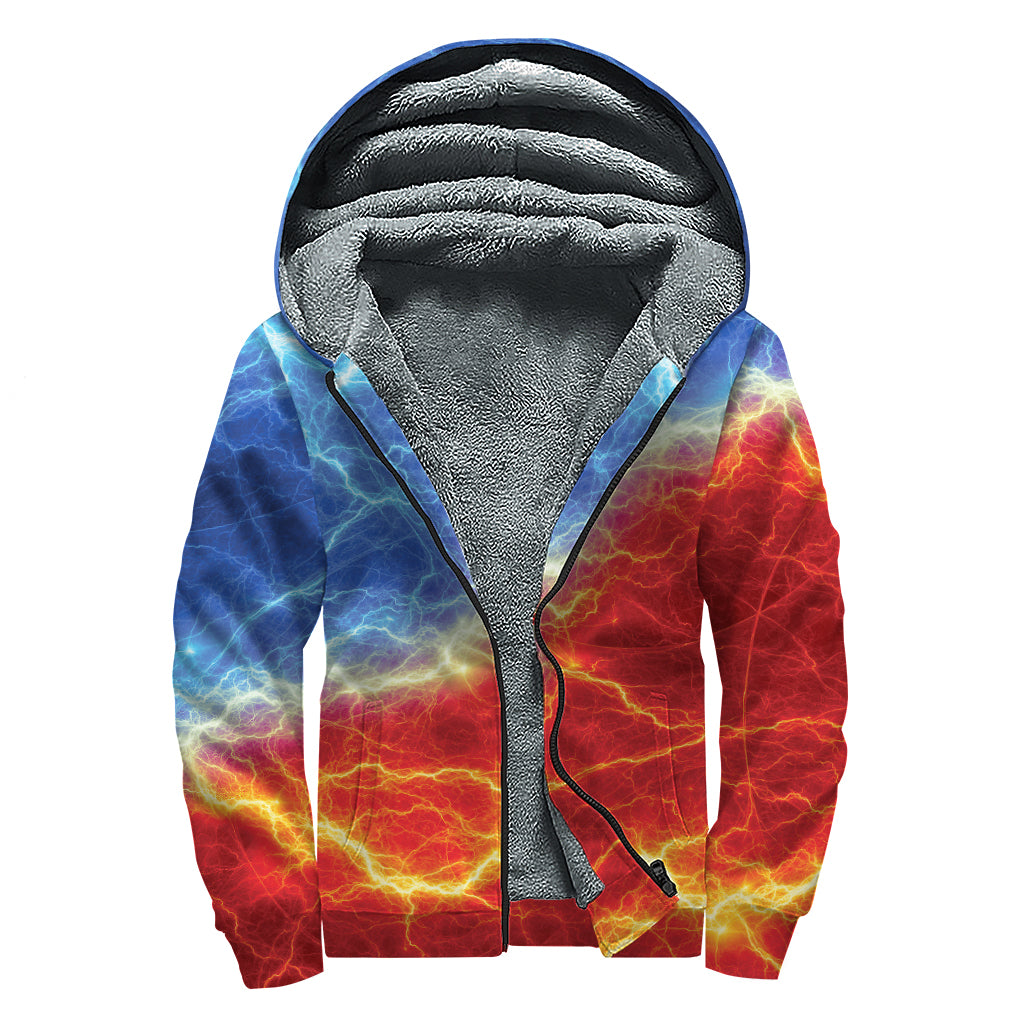 Blue And Red Lightning Print Sherpa Lined Zip Up Hoodie