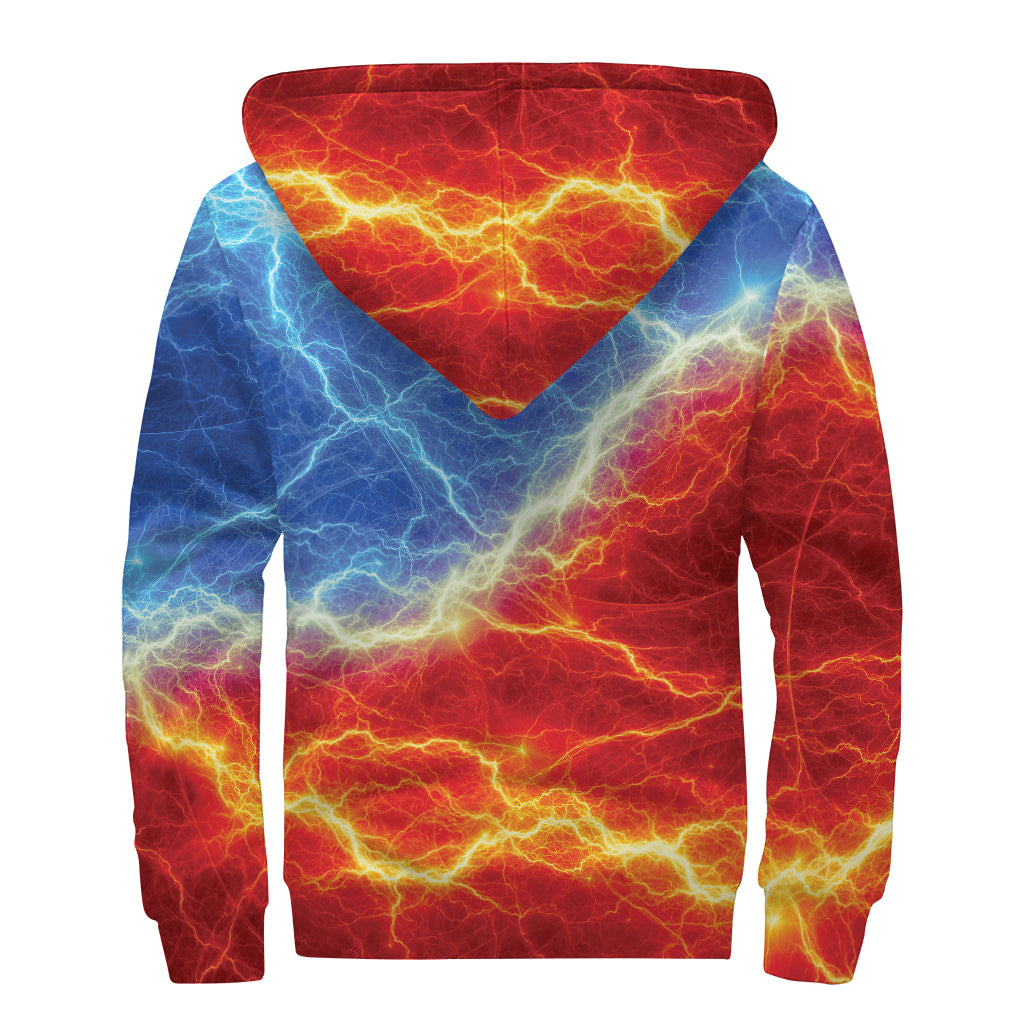Blue And Red Lightning Print Sherpa Lined Zip Up Hoodie
