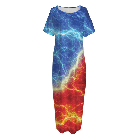 Blue And Red Lightning Print Short Sleeve Long Nightdress
