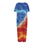 Blue And Red Lightning Print Short Sleeve Long Nightdress