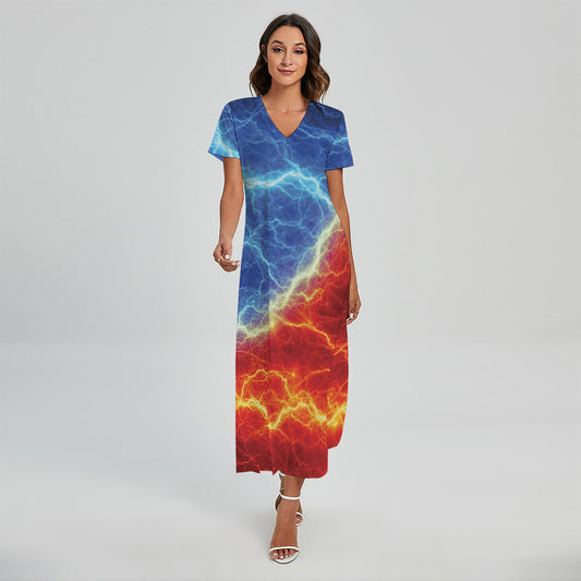 Blue And Red Lightning Print Short Sleeve Maxi Dress