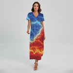 Blue And Red Lightning Print Short Sleeve Maxi Dress
