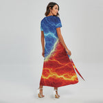 Blue And Red Lightning Print Short Sleeve Maxi Dress