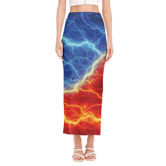 Blue And Red Lightning Print Side Slit Maxi Skirt
