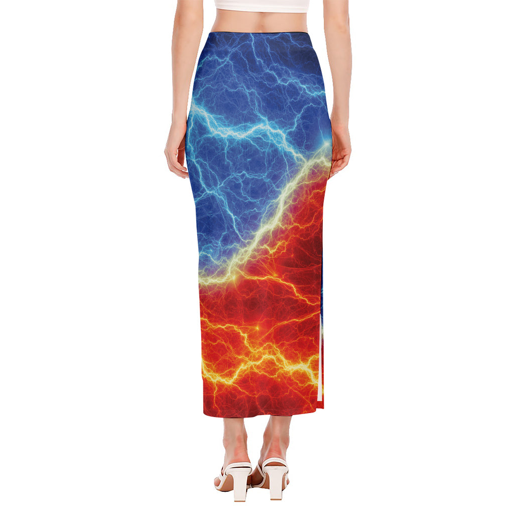 Blue And Red Lightning Print Side Slit Maxi Skirt