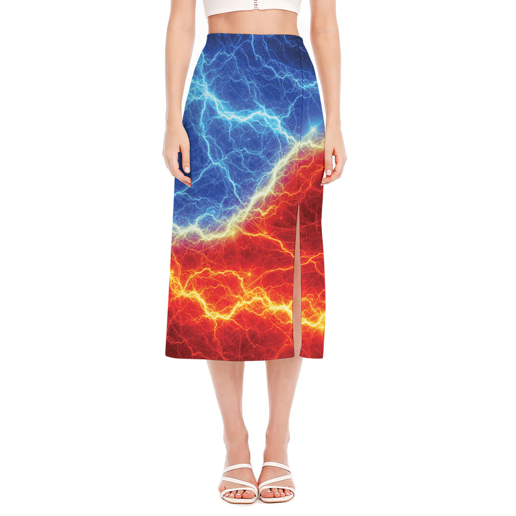 Blue And Red Lightning Print Side Slit Midi Skirt