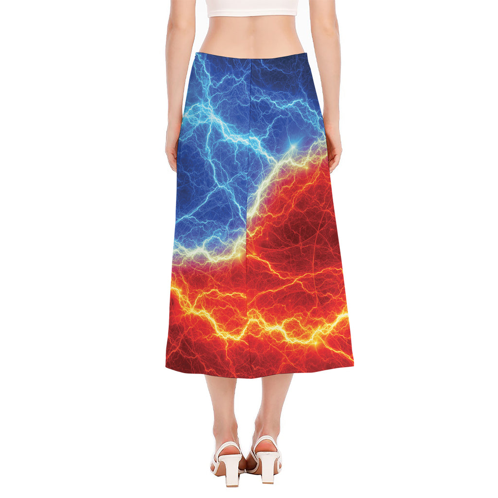 Blue And Red Lightning Print Side Slit Midi Skirt
