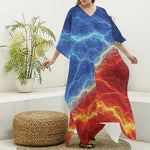 Blue And Red Lightning Print Silk V-Neck Kaftan Dress