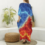 Blue And Red Lightning Print Silk V-Neck Kaftan Dress