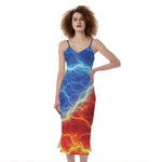 Blue And Red Lightning Print Slim Fit Midi Cami Dress