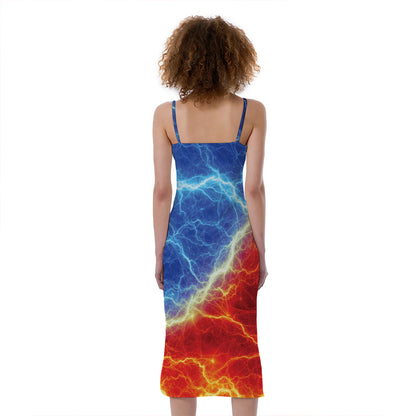 Blue And Red Lightning Print Slim Fit Midi Cami Dress