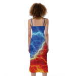 Blue And Red Lightning Print Slim Fit Midi Cami Dress
