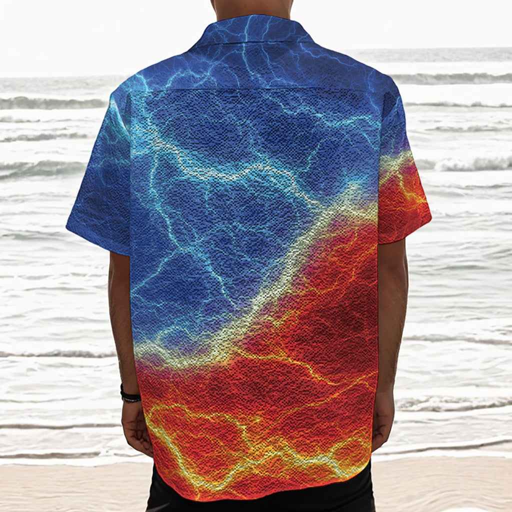 Blue And Red Lightning Print Textured Short Sleeve Shirt