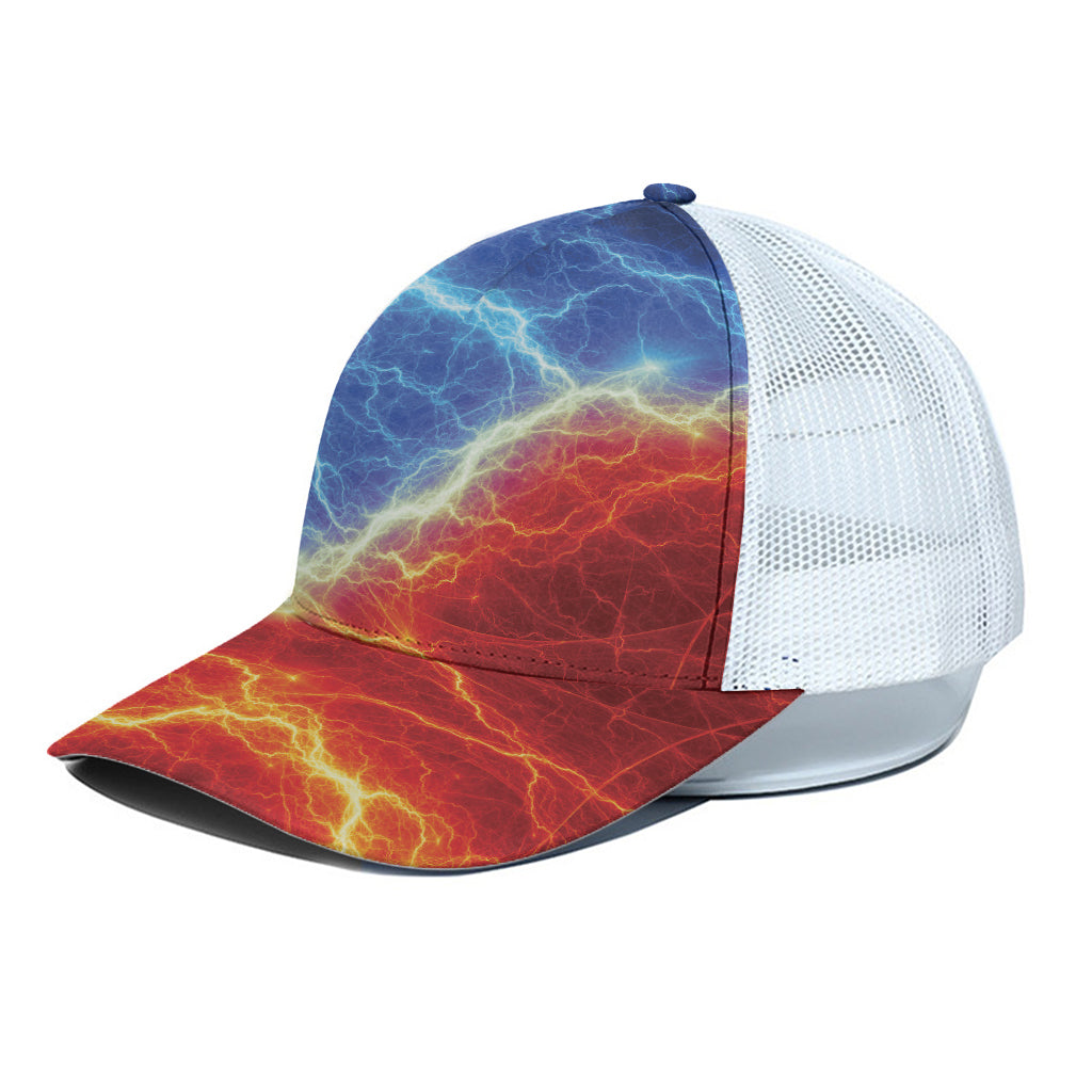 Blue And Red Lightning Print White Mesh Trucker Cap