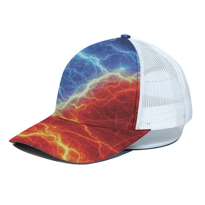 Blue And Red Lightning Print White Mesh Trucker Cap