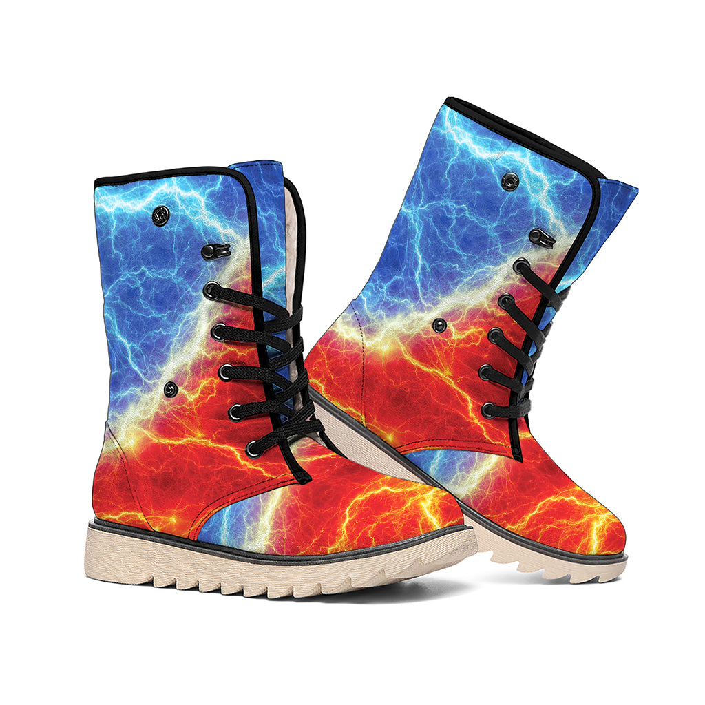 Blue And Red Lightning Print Winter Boots