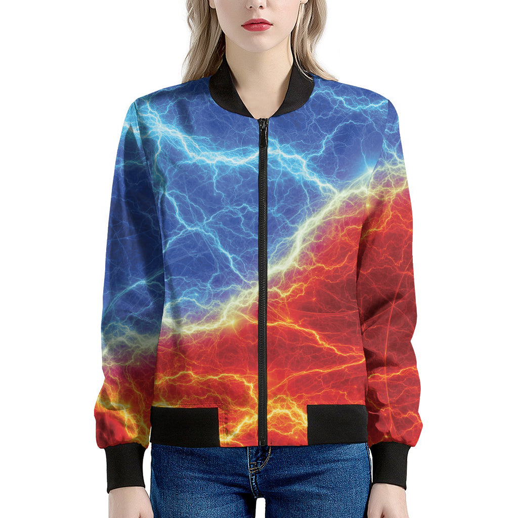 Blue And Red Lightning Print Women's Bomber Jacket