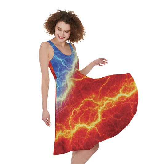 Blue And Red Lightning Print Women's Sleeveless Dress