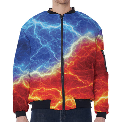 Blue And Red Lightning Print Zip Sleeve Bomber Jacket