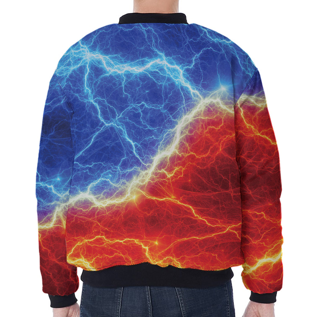 Blue And Red Lightning Print Zip Sleeve Bomber Jacket