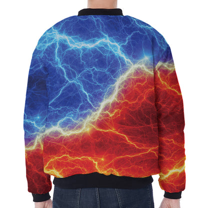 Blue And Red Lightning Print Zip Sleeve Bomber Jacket