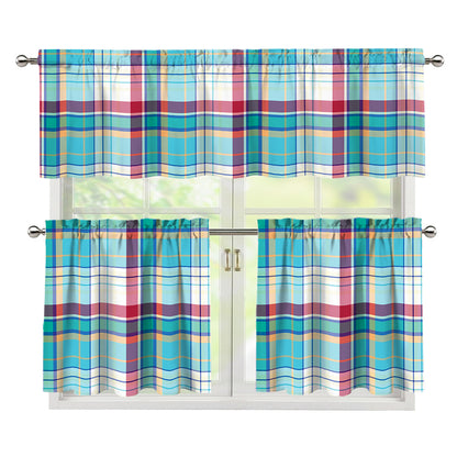 Blue And Red Madras Pattern Print 3 Piece Kitchen Curtains