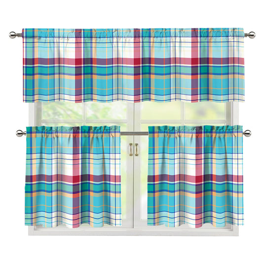 Blue And Red Madras Pattern Print 3 Piece Kitchen Curtains