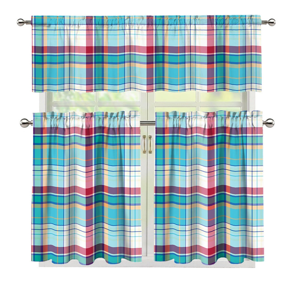 Blue And Red Madras Pattern Print 3 Piece Kitchen Curtains