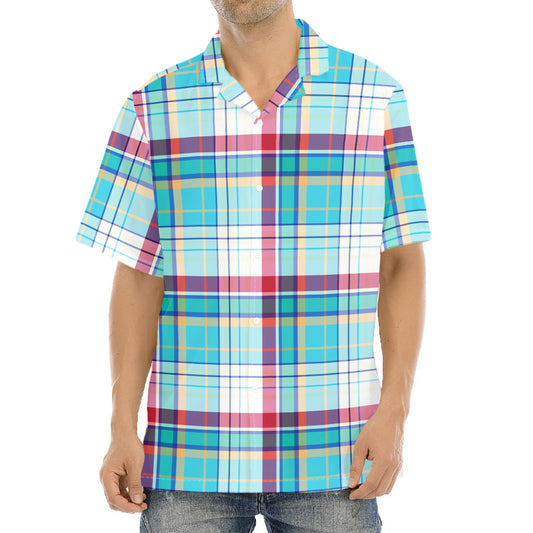 Blue And Red Madras Pattern Print Aloha Shirt