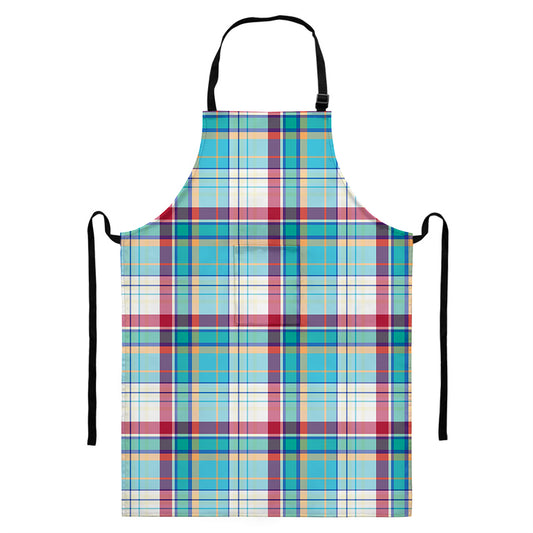 Blue And Red Madras Pattern Print Bib Apron With Pocket